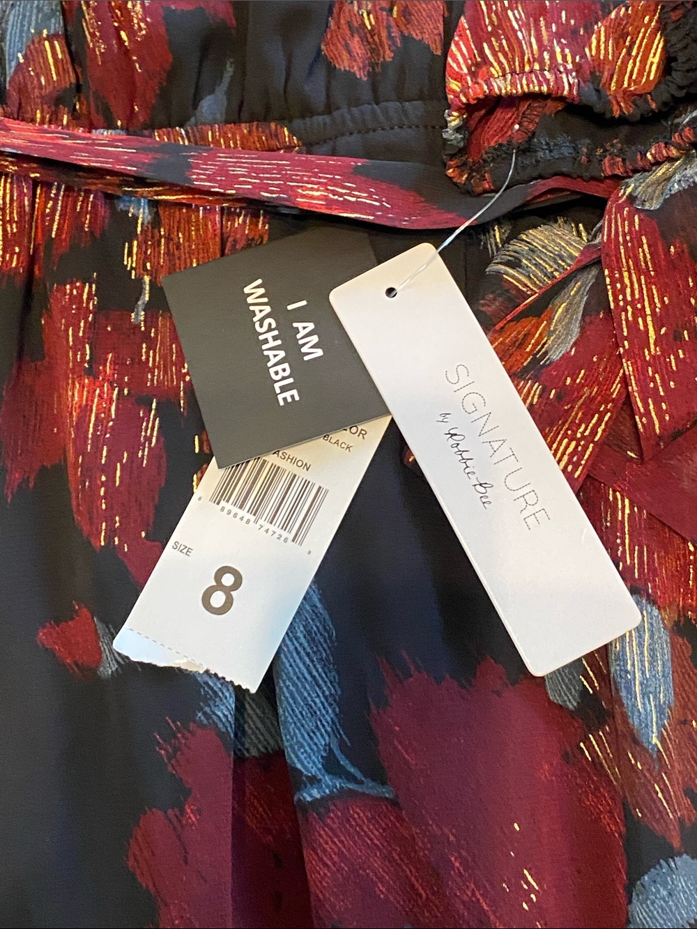 Black Floral Wrap Maxi Dress with Burgundy, Gold & Blue Accents - Picture 4 of 4